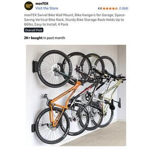 monTEK Swivel Bike Wall Mount, No Heavy Lifting Required, Bike Hanger 4 Pack